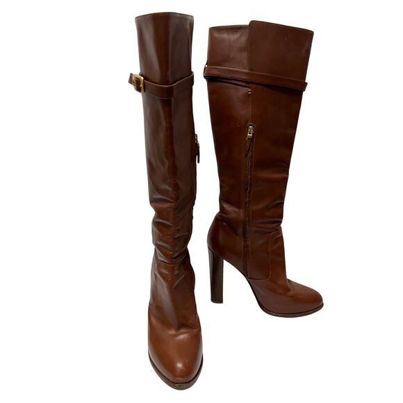 FENDI Women’s Cognac Brown Leather New High Heeled Boots Size 39 8.5 Gold Buckle - Picture 4 of 13